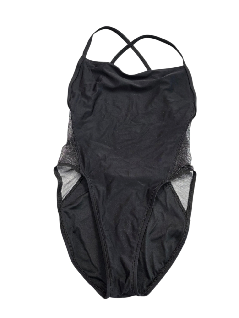 Selfish Swimwear  Black One-Piece Swimsuit Cross Back Straps mesh side accent
